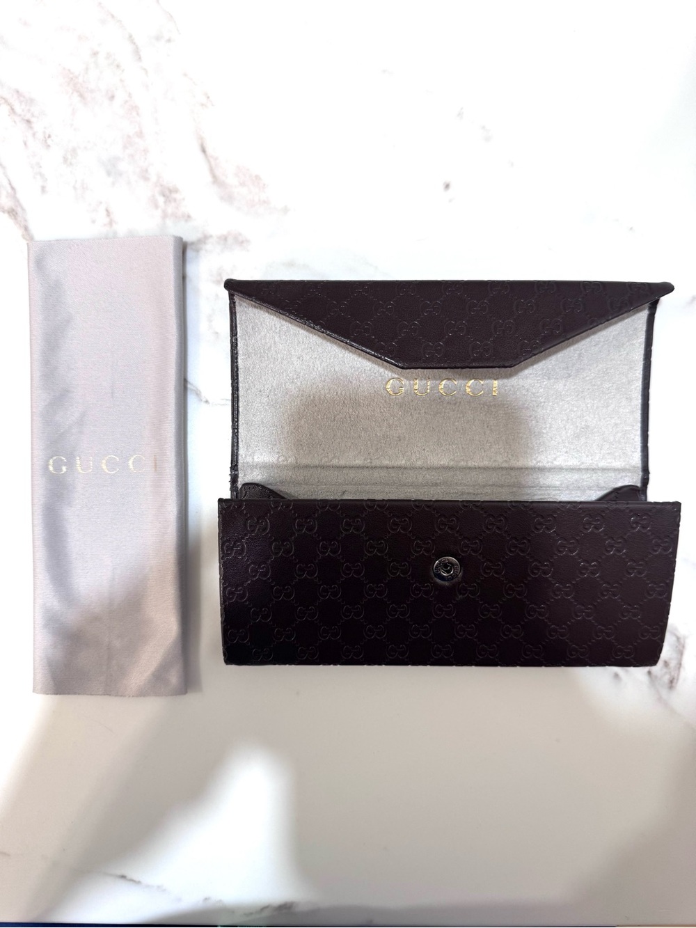 Gucci Brown Monogram Eyeglass Case with Gold Logo